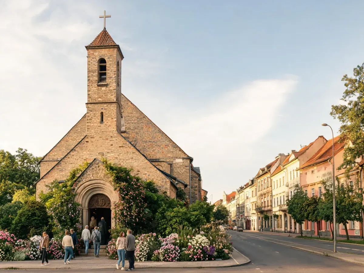 Zabytkowy kościół Nawiedzenia NMP w Poznaniu w słoneczne popołudnie, wierni spokojnie wchodzą na mszę.