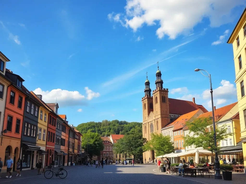 Słoneczny rynek Gniezna z kolorowymi kamienicami, kawiarnianymi ogródkami i w tle monumentalną katedrą na wzgórzu.