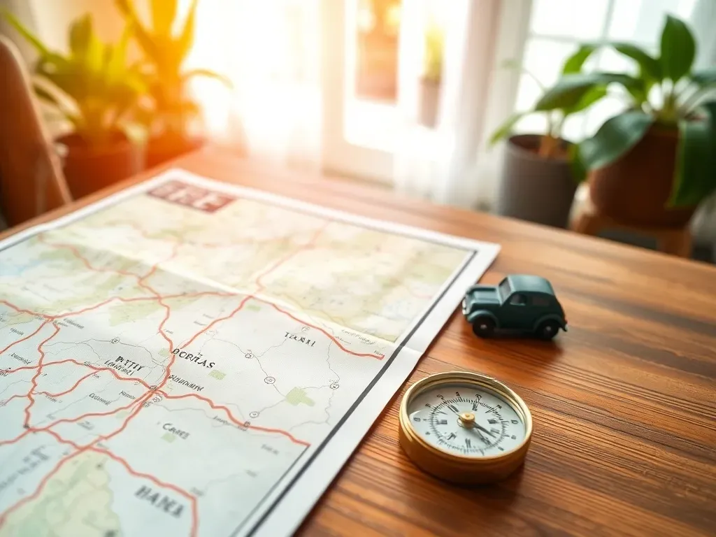 Mapa drogowa Wielkopolski na stole z kompasem i małym samochodzikiem, symbolizująca planowanie podróży po regionie.