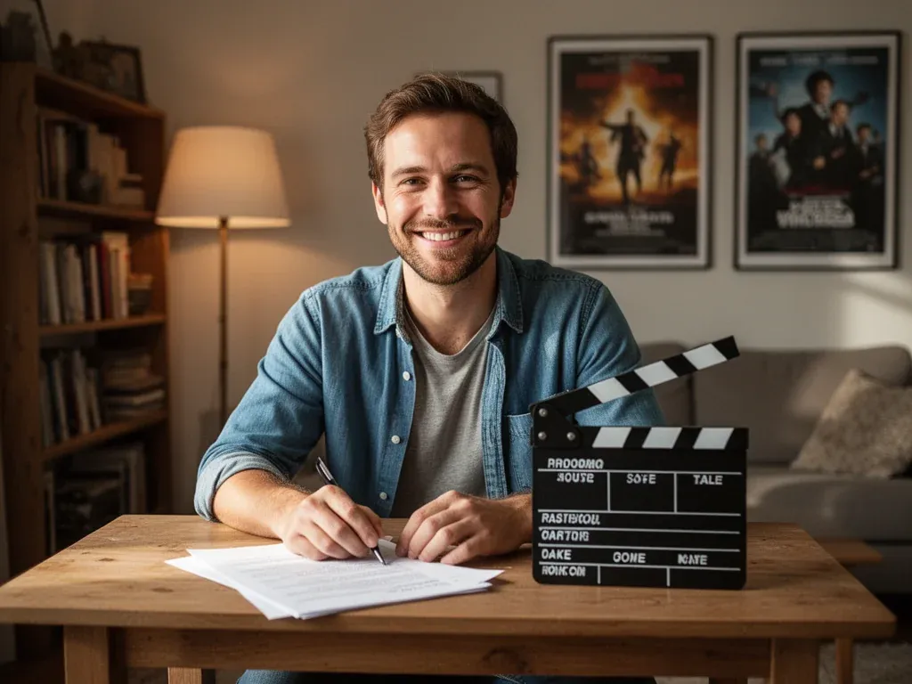 Uśmiechnięty Tomasz Bajer przy stole z scenariuszem i klapsem filmowym, w przytulnym pokoju z plakatami filmowymi w tle.