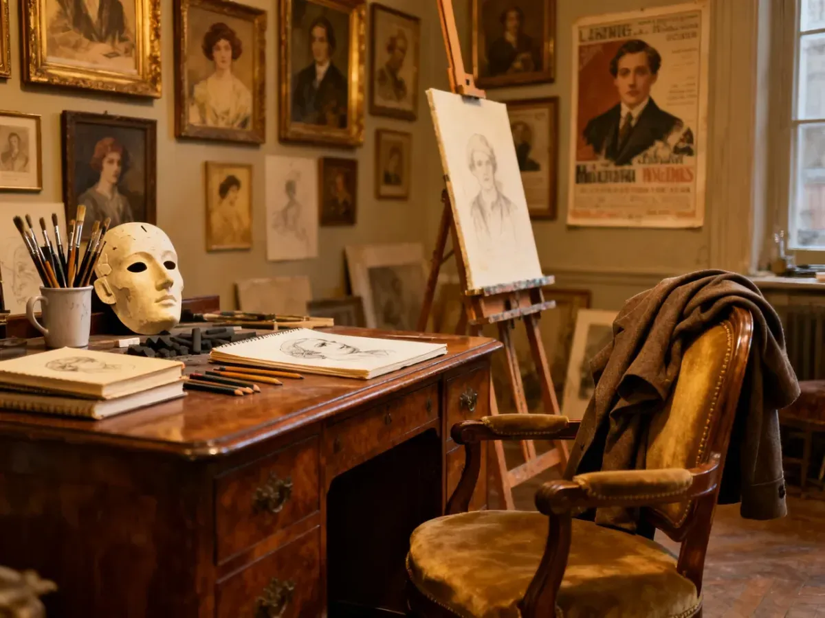 Przytulna pracownia artysty z początku XX wieku, biurko z maską portretową i ściany pełne obrazów w nostalgicznej atmosferze.