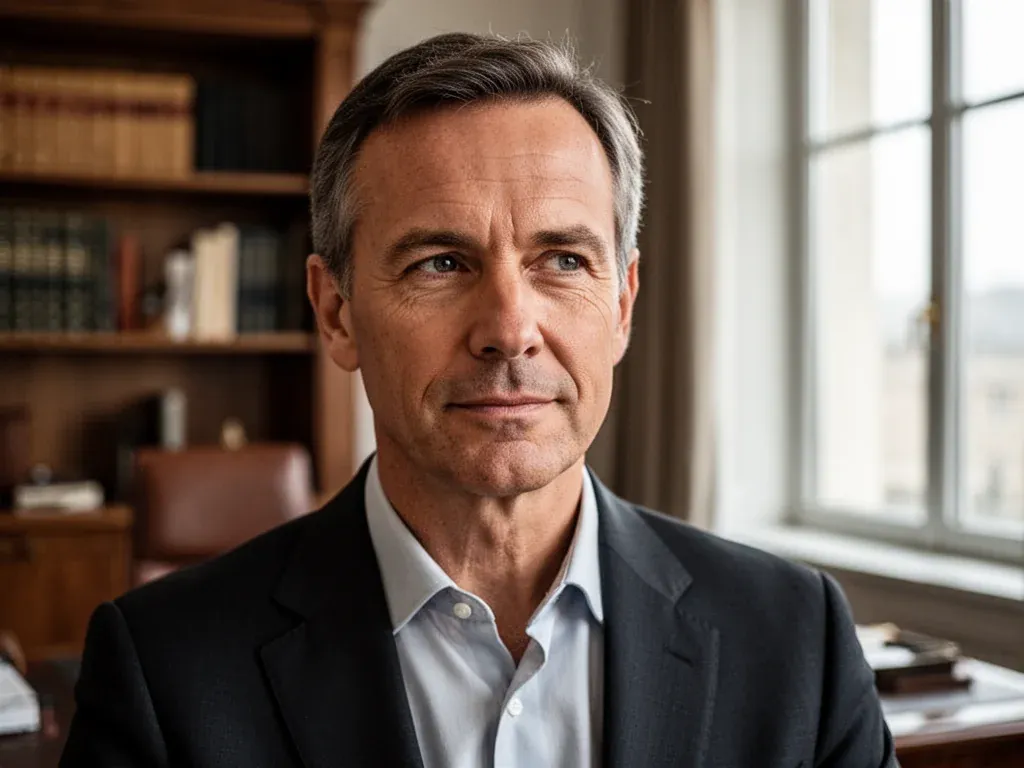 Włodzimierz Albin w eleganckim biurze, w garniturze, patrzy pewnie w bok na tle półek z książkami i dużego okna.