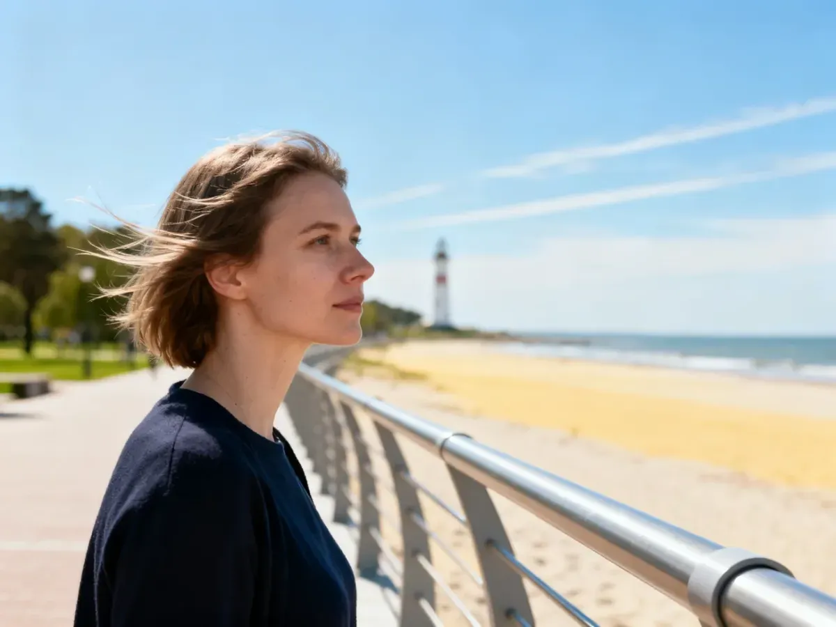 Kobieta podziwiająca słoneczną promenadę w Ustce z widokiem na plażę i latarnię morską w tle.