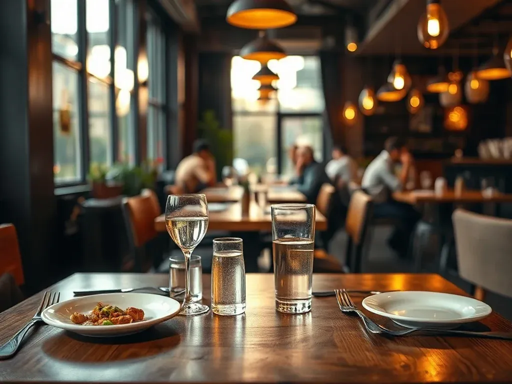 Przytulne wnętrze poznańskiej restauracji, elegancko nakryty stół z polskimi daniami, ciepłe światło i miejska atmosfera