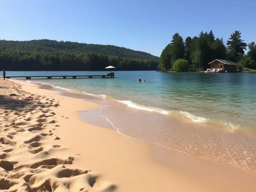 Letnia plaża nad jeziorem Piaski-Szczygliczka z kąpieliskiem, pomostem, rowerkami wodnymi i pensjonatem wśród drzew.