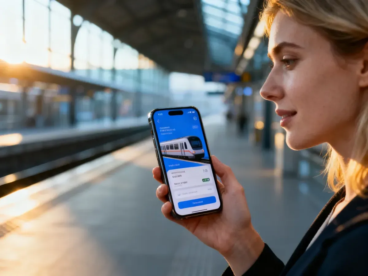 Kobieta trzymająca smartfon z otwartą aplikacją do obsługi biletów kolejowych na tle nowoczesnego peronu.