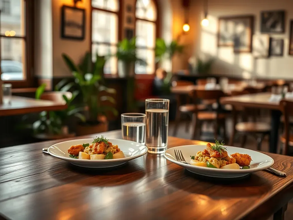 Przytulne wnętrze restauracji w Gnieźnie z elegancko podanym tradycyjnym polskim daniem na drewnianym stole.