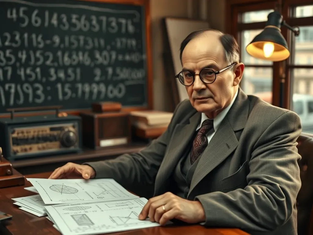 Marian Rejewski przy biurku analizuje szyfry i wzory matematyczne, w tle radiowe urządzenia z lat 30.
