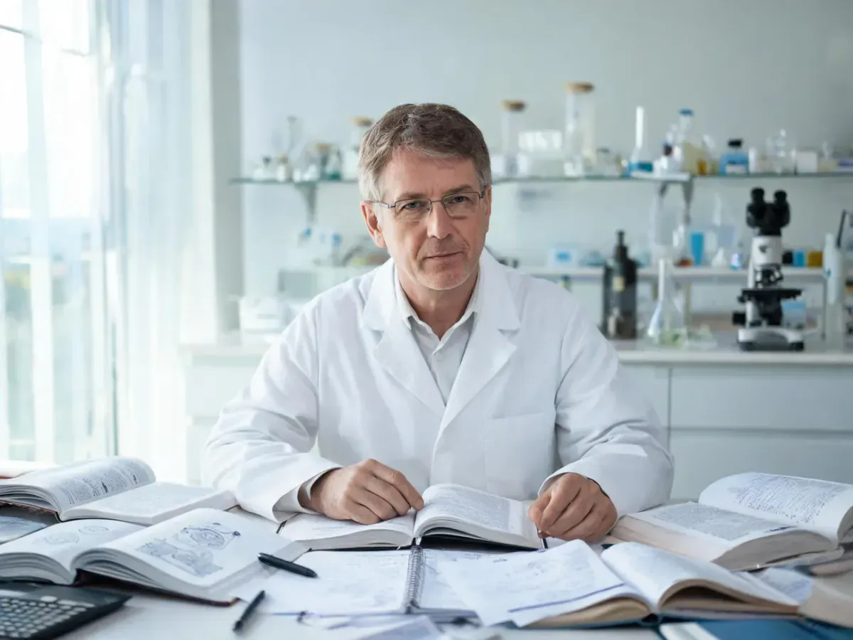 Profesor Jan Barciszewski w laboratorium, w kitlu i okularach, przy biurku z książkami naukowymi i notatkami.