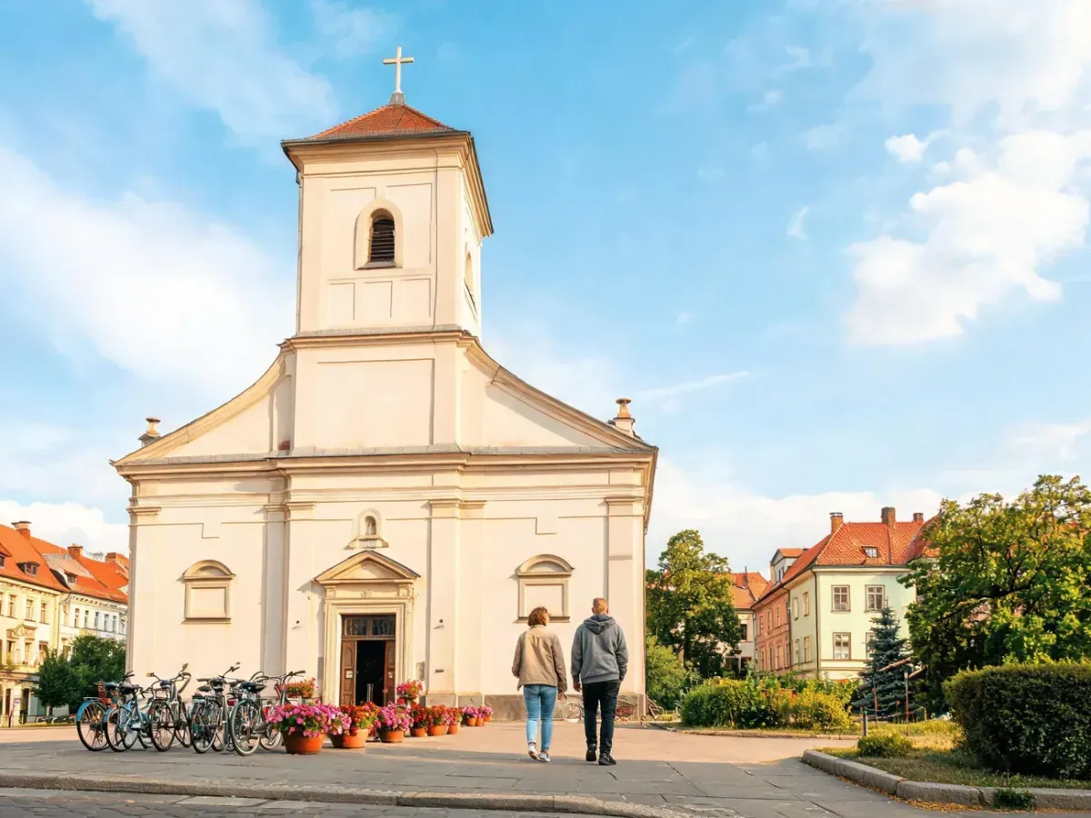 Parafia Świętej Trójcy w Poznaniu w słoneczny dzień, wierni idą w stronę wejścia do kościoła otoczonego zielenią.