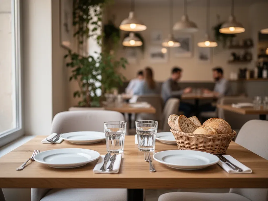 Przytulne, nowoczesne wnętrze restauracji w Ostrowie Wielkopolskim, stół dla dwojga zachęca do spokojnej kolacji.
