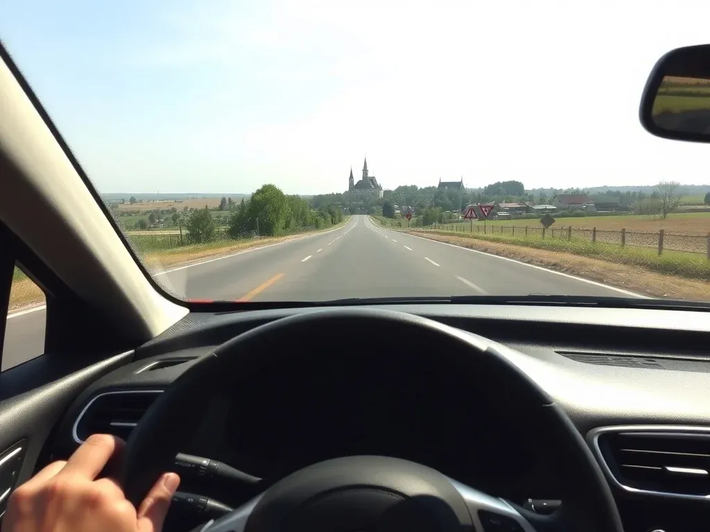 Widok z auta na spokojną wiejską drogę prowadzącą do miasteczka w oddali, idealny dojazd z Poznania do Śremu.