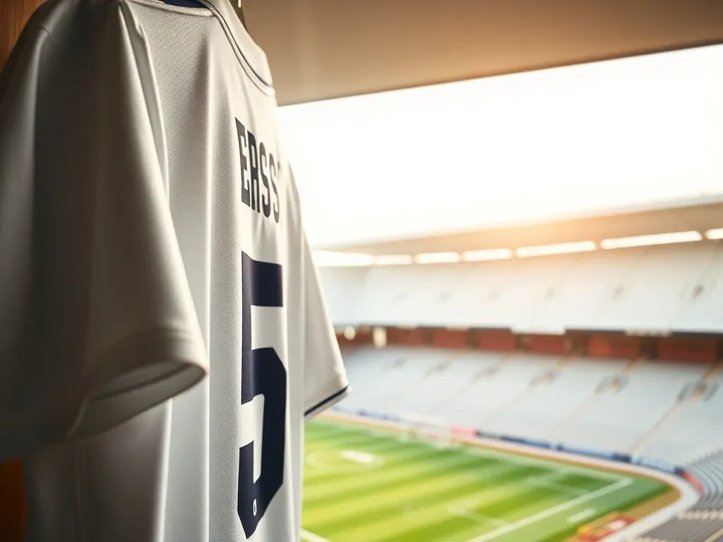 Koszulka piłkarska z numerem 5 w szatni na tle nowoczesnego stadionu, nawiązanie do kariery Jana Bednarka.