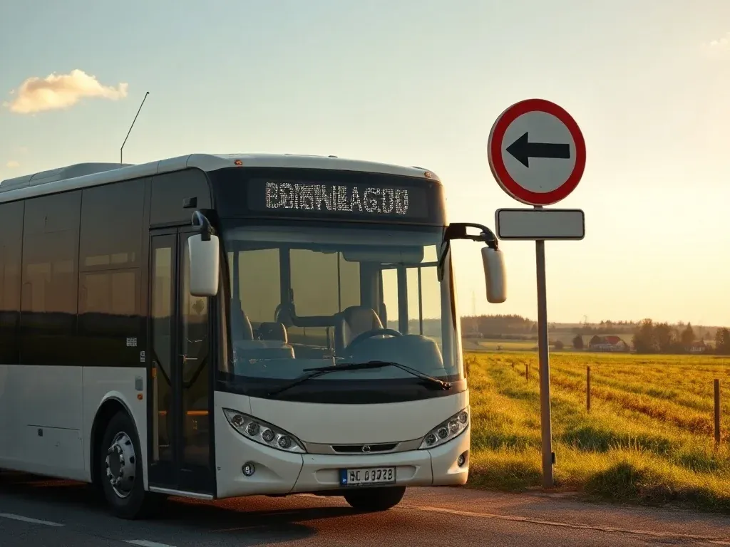 Nowoczesny bus na wiejskim przystanku w polskiej okolicy, sugerujący dojazd z Kalisza do Pleszewa