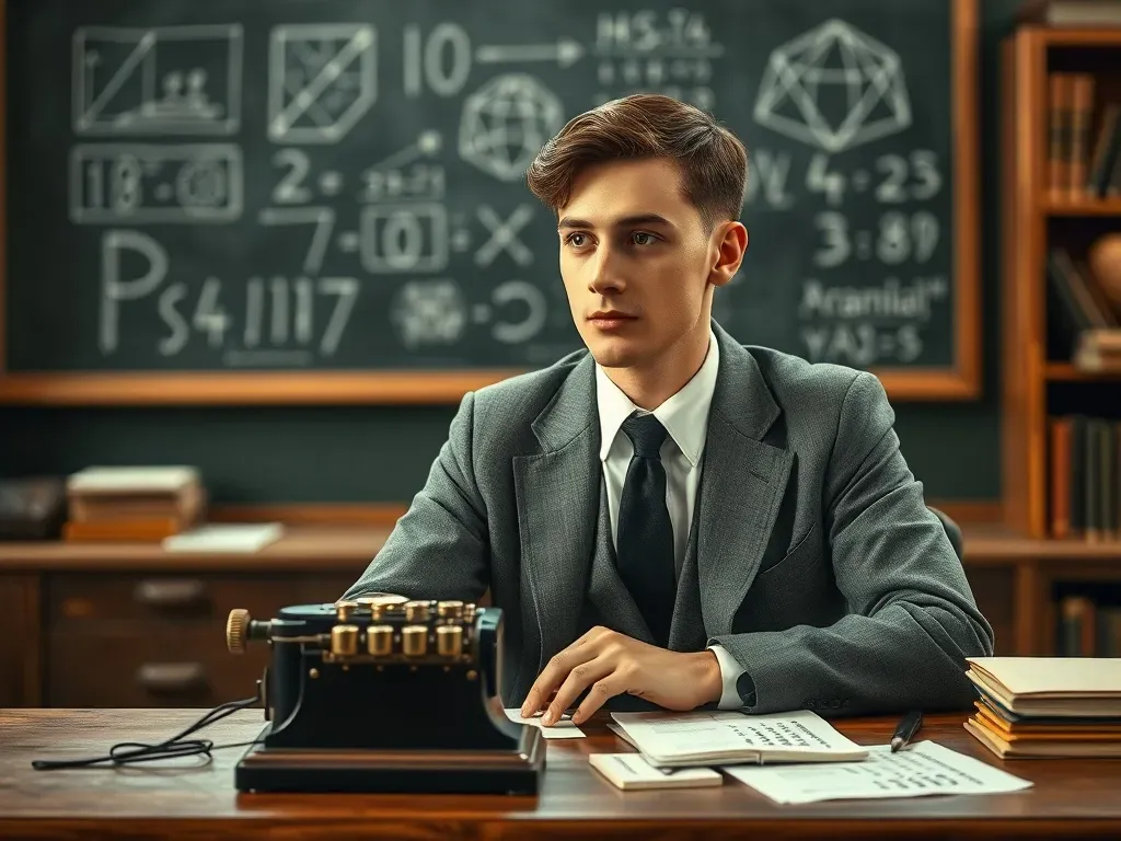 Młody matematyk z lat 30. przy biurku, analizuje szyfry i liczby obok maszyny szyfrującej, skupiony na pracy nad kodami.
