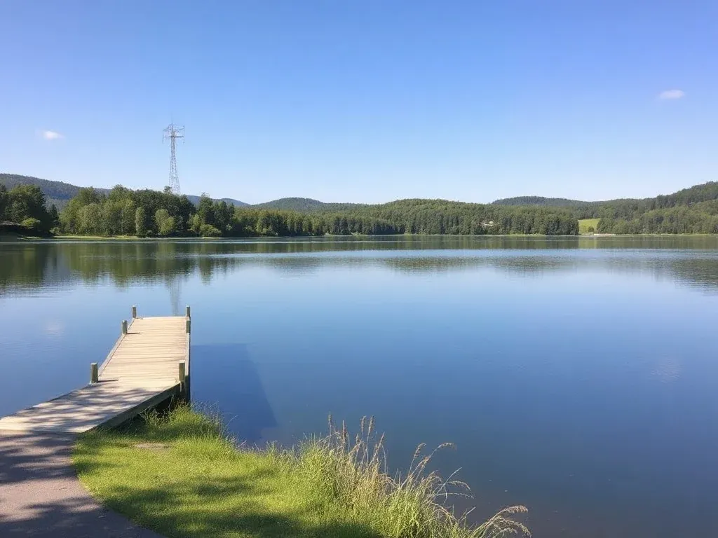 Spokojne jezioro Jelonek z drewnianym pomostem, ścieżką spacerową i otaczającym lasem w letniej, słonecznej scenerii.