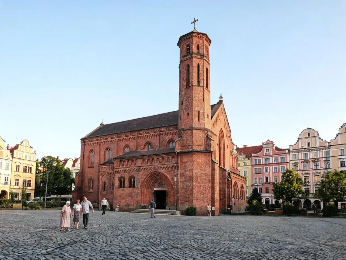 Kościół Nawrócenia św. Pawła w Poznaniu na spokojnym brukowanym placu, wierni wchodzą na mszę w słoneczny dzień.