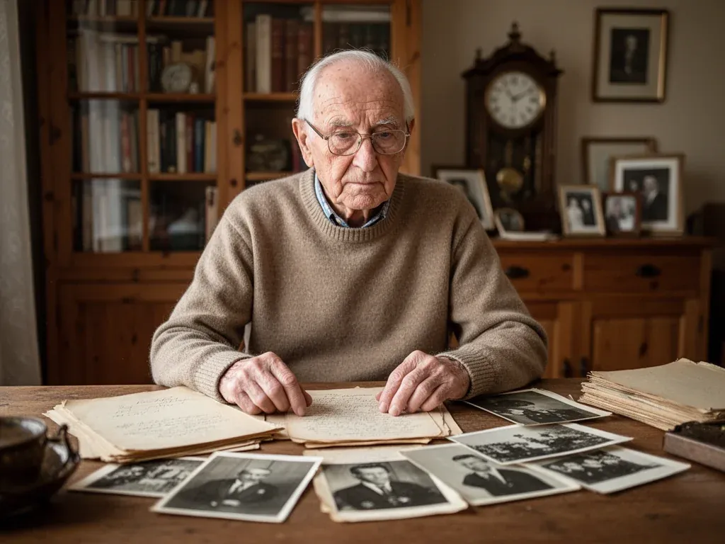 Starszy Stanisław Afenda przy biurku, przegląda stare dokumenty i fotografie, otoczony książkami i pamiątkami z przeszłości.