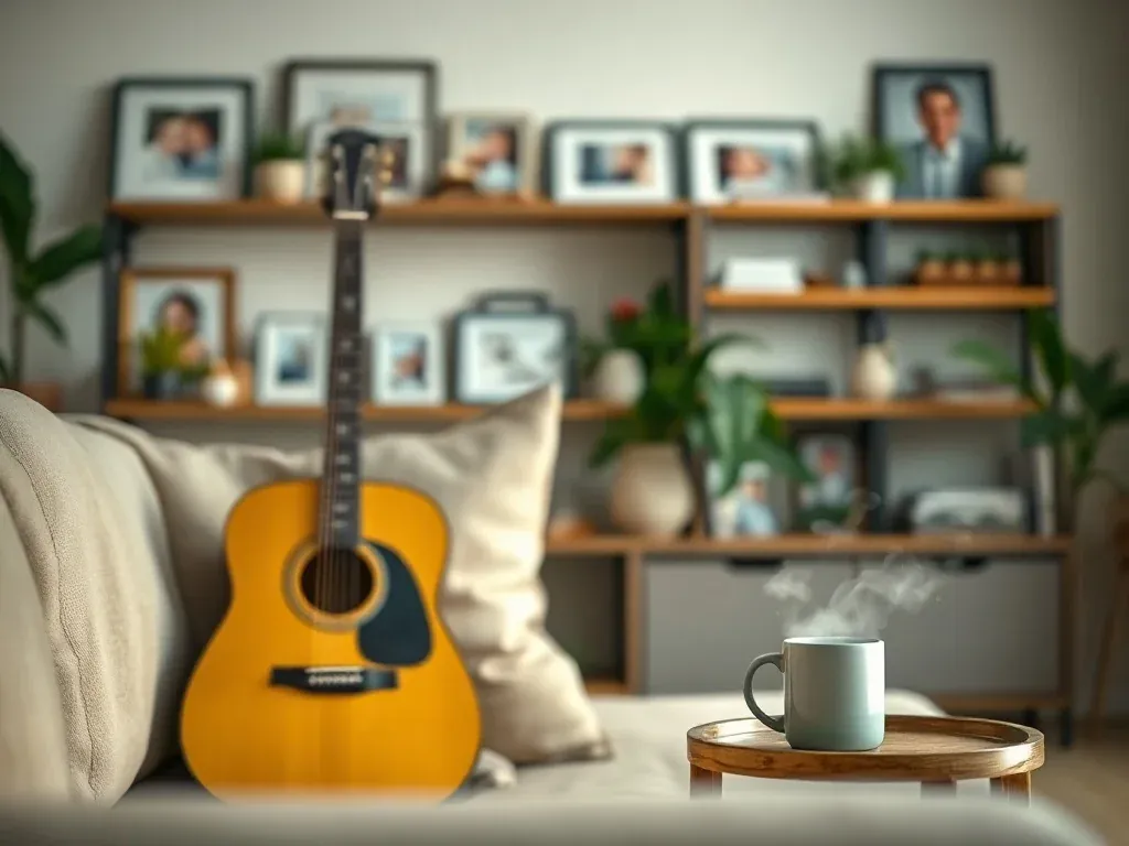Przytulny salon z gitarą i kubkiem kawy, ciepłe światło podkreśla domową, prywatną atmosferę życia rodzinnego.