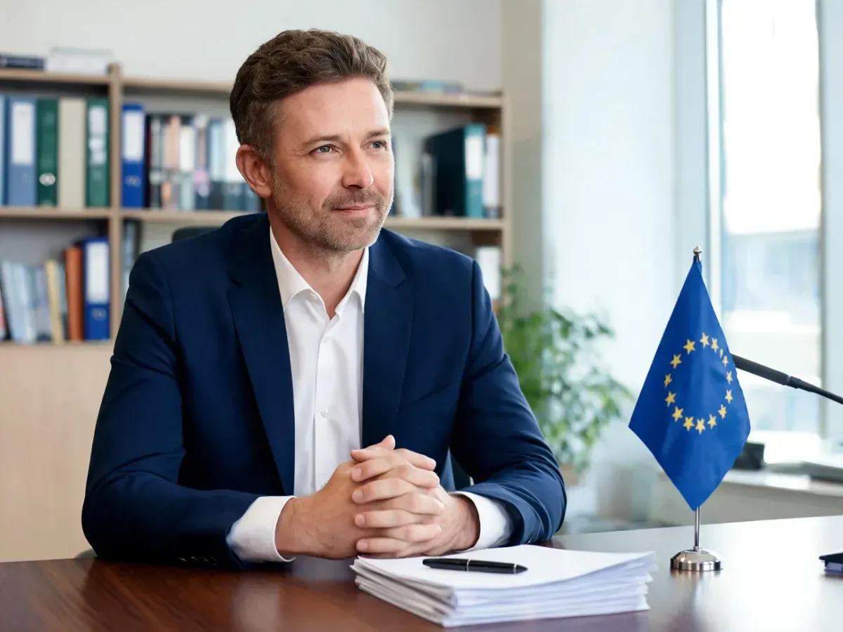 Polityk w garniturze przy biurku z dokumentami i flagą UE, siedzący w jasnym biurze, patrzy spokojnie w bok