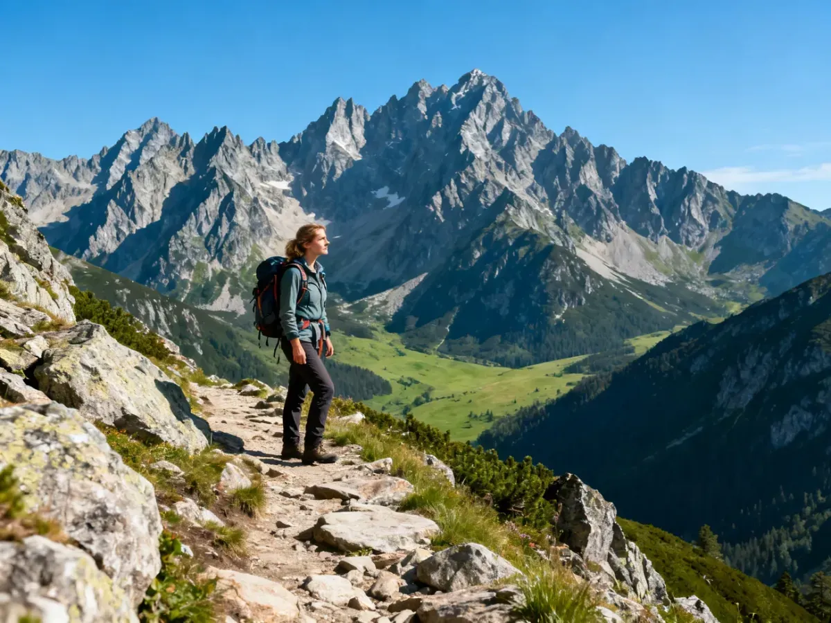 Turystka w stroju trekkingowym podziwia panoramę Tatr Wysokich na granicy polsko-słowackiej podczas górskiej wędrówki.