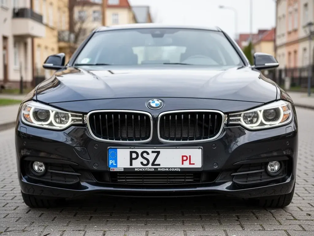samochód marki BMW z rejestracją rozpoczynającą się na PSZ
