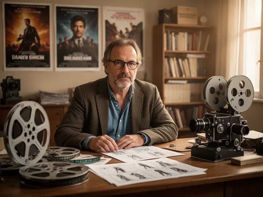 Reżyser filmowy przy biurku z taśmami, storyboardami i kamerą, w ciepłym, przytulnym gabinecie pełnym plakatów i książek.