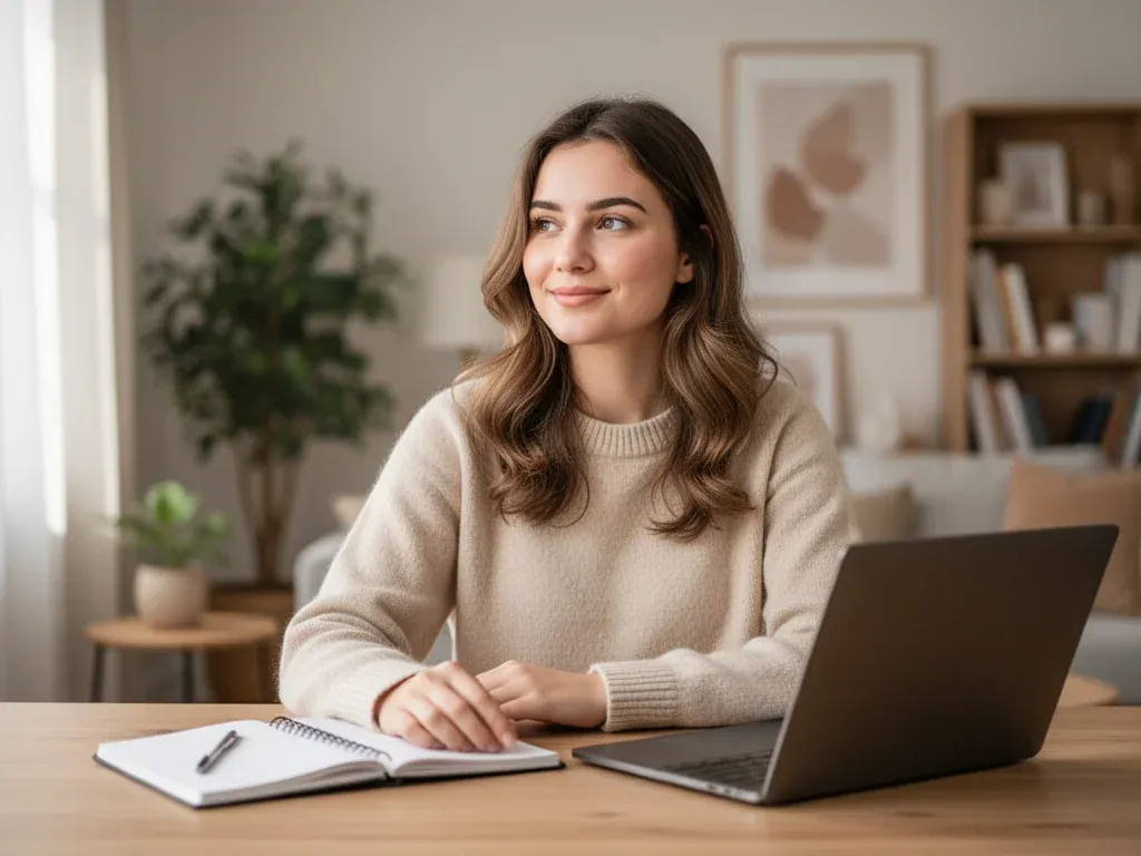 Paulina Antczak siedzi przy biurku w nowoczesnym mieszkaniu, uśmiecha się łagodnie, przed nią notes i laptop