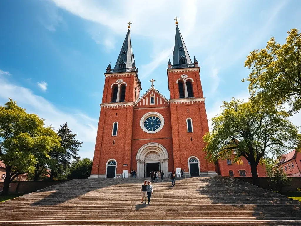 Katedra w Gnieźnie z bliższa: ceglana fasada z dwiema wieżami, szerokie schody, turyści, drzewa i błękitne niebo.