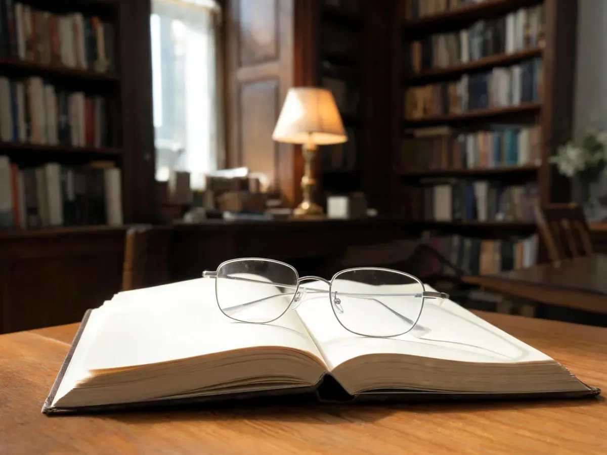 Otwarta książka filozoficzna i okulary na biurku w przytulnym gabinecie, podkreślające refleksyjny charakter myśli Baumana