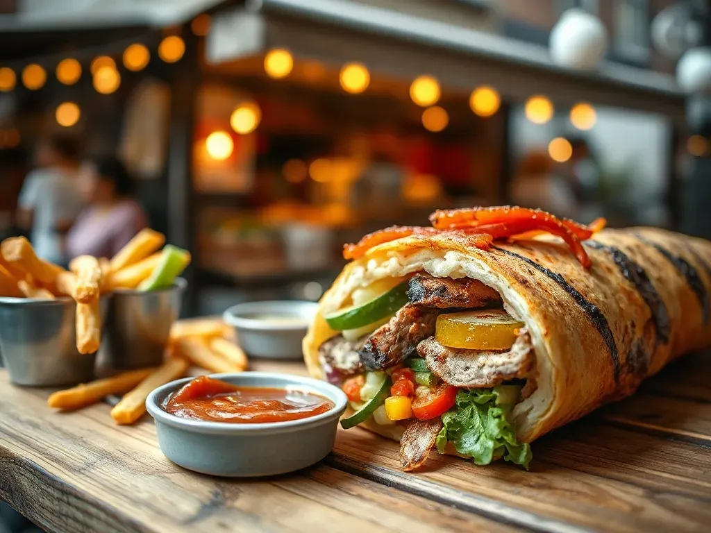 Soczysty kebab z mięsem i warzywami na drewnianym stole, z sosem i frytkami, w tle przytulny lokal street food.