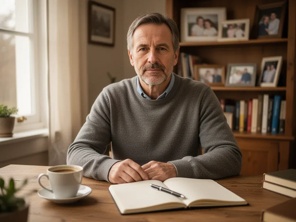 Andrzej Antkowiak przy biurku w domowym gabinecie, z kawą i notesem, w tle rodzinne zdjęcia i półka z książkami