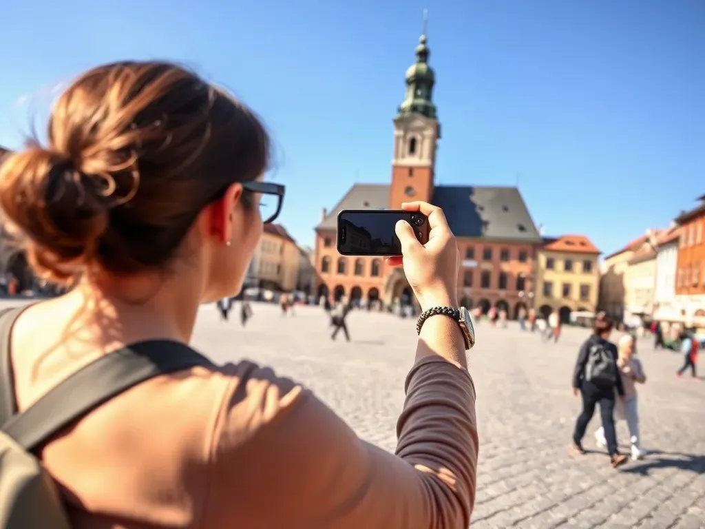 Turysta fotografujący wieżę ratusza na poznańskim rynku w słoneczny dzień, przygotowując się na pokaz koziołków.