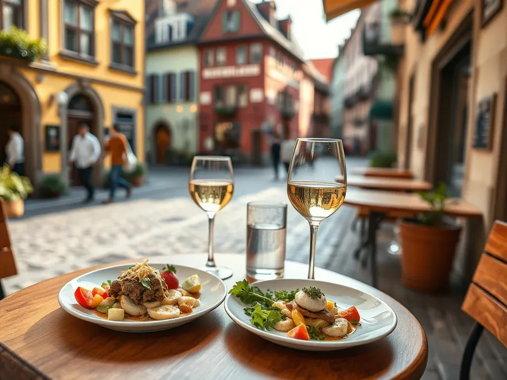 Przytulny stolik restauracyjny na kaliskiej starówce, eleganckie dania i wino zachęcają do jedzenia na mieście.