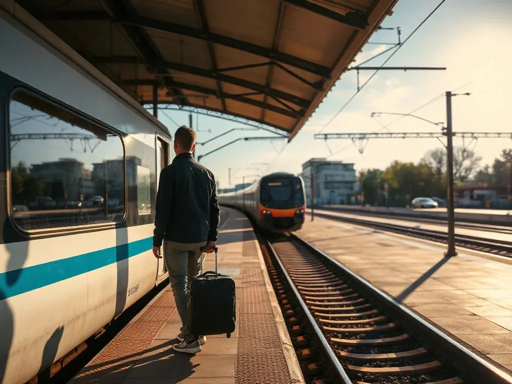 Podróżny z walizką na peronie w Poznaniu wsiada do nowoczesnego pociągu, gotów wyruszyć w kierunku Łeby