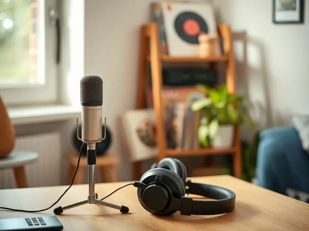 Przytulny kącik muzyczny z mikrofonem i słuchawkami, tworzący intymny klimat pracy nad muzyką Mezo.