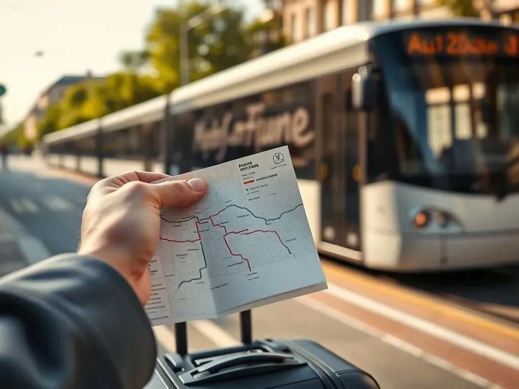 Podróżny z mapą trasy z dworca PKP na lotnisko w Poznaniu, w tle nadjeżdżający tramwaj na słonecznej ulicy.