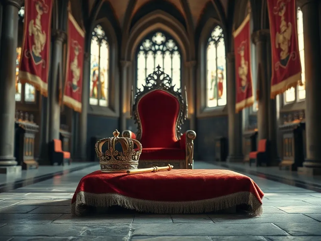 Pusty królewski tron z koroną i berłem w gotyckiej sali zamkowej, symbol koronacji i panowania Przemysła II.
