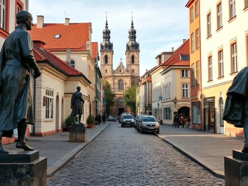 Trakt królewski w Gnieźnie z brukowaną ulicą, figurami królów i katedrą z dwiema wieżami w tle