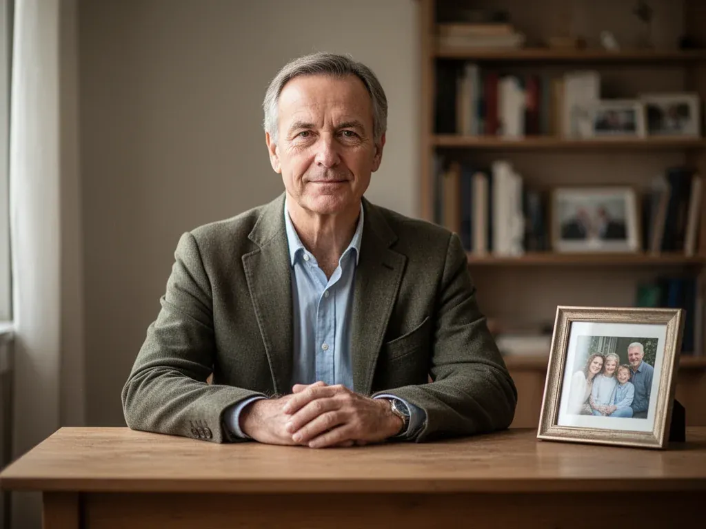 Zdzisław Antoniewicz przy biurku, spokojny wyraz twarzy; w tle półka z książkami i rodzinne zdjęcie podkreślające życie prywatne