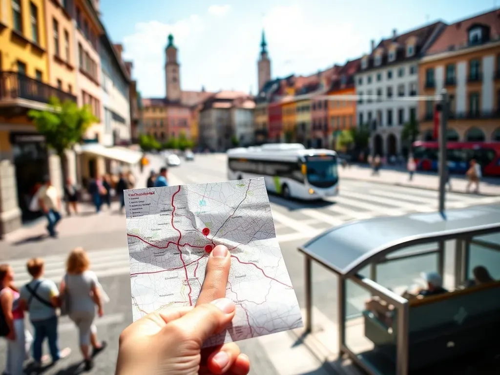 Podróżny z mapą szuka drogi z dworca do Starego Rynku w Poznaniu, w tle tramwaj, autobus i kolorowe kamienice.