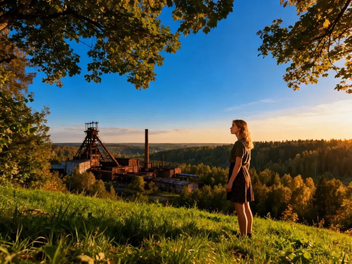Kobieta podziwiająca panoramę śląskiego krajobrazu z zabytkową architekturą przemysłową w tle podczas złotej godziny.