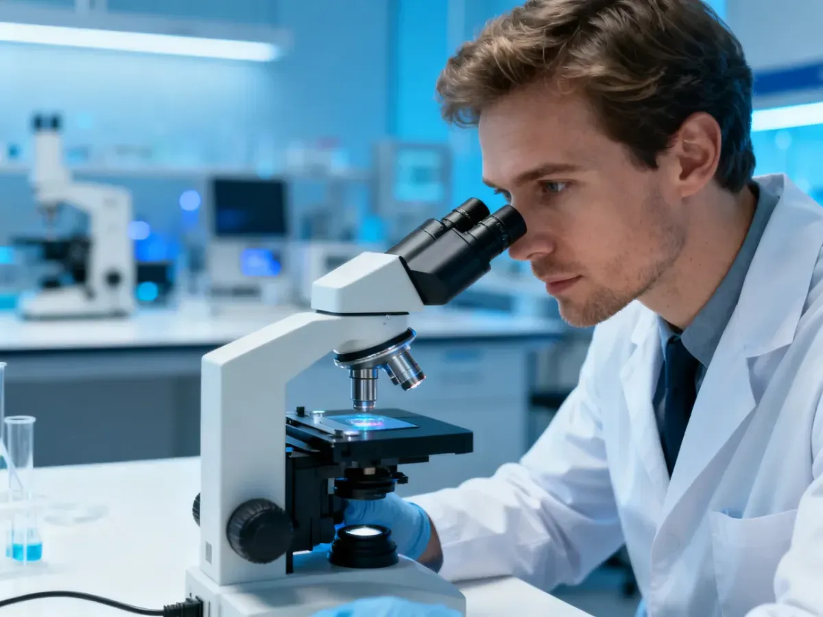 Naukowiec pracujący przy mikroskopie w nowoczesnym laboratorium Instytutu Fizyki Molekularnej PAN.