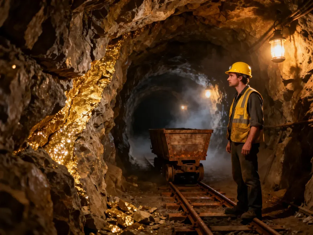 Turysta w kasku ogląda złotą żyłę w zabytkowej kopalni w Złotym Stoku. W tle widoczny wagonik na torach w oświetlonym tunelu.