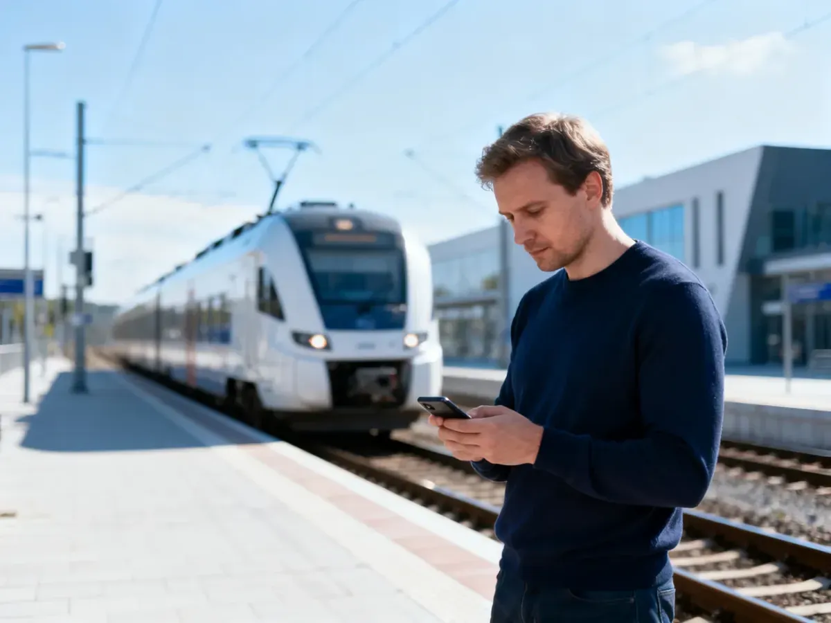 Nowoczesny pociąg Kolei Wielkopolskich wjeżdżający na słoneczną stację, gdzie pasażer sprawdza rozkład jazdy w telefonie.