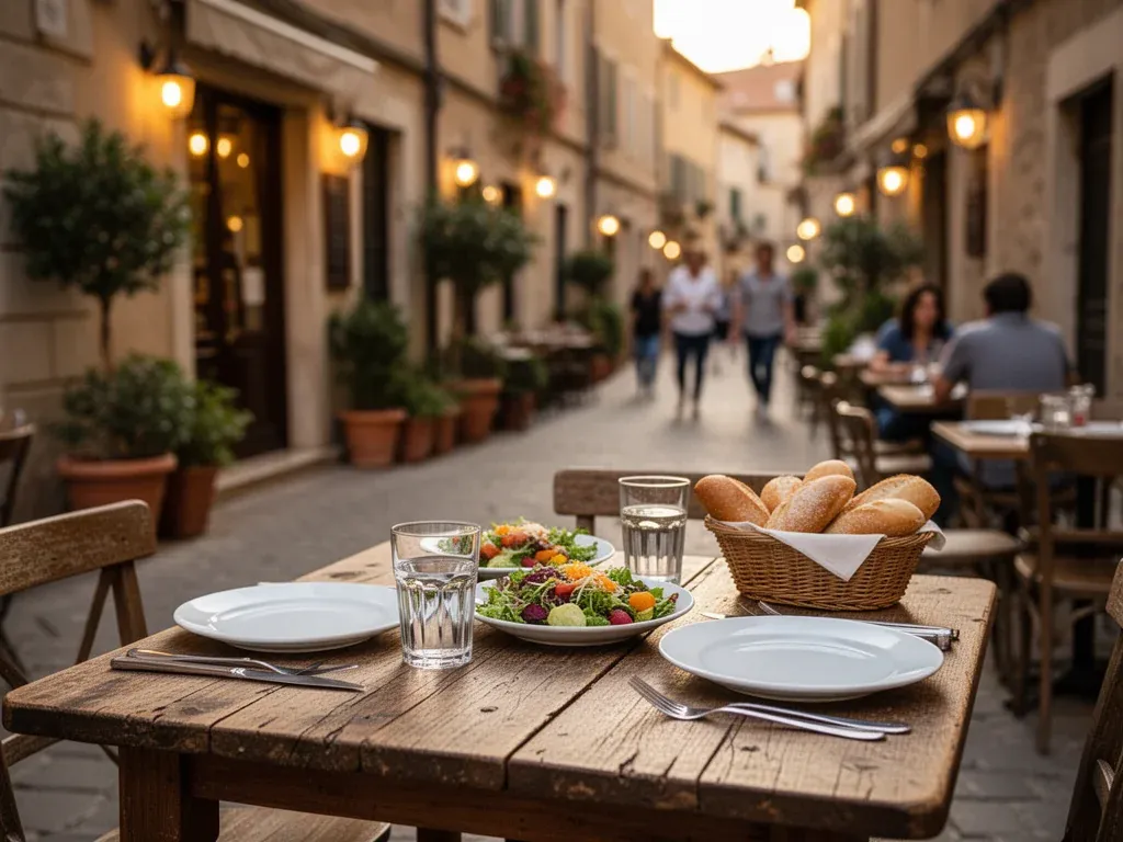 Przytulna restauracja na zewnątrz o zachodzie słońca, stół dla dwojga z pieczywem i sałatką w wąskiej, klimatycznej uliczce.