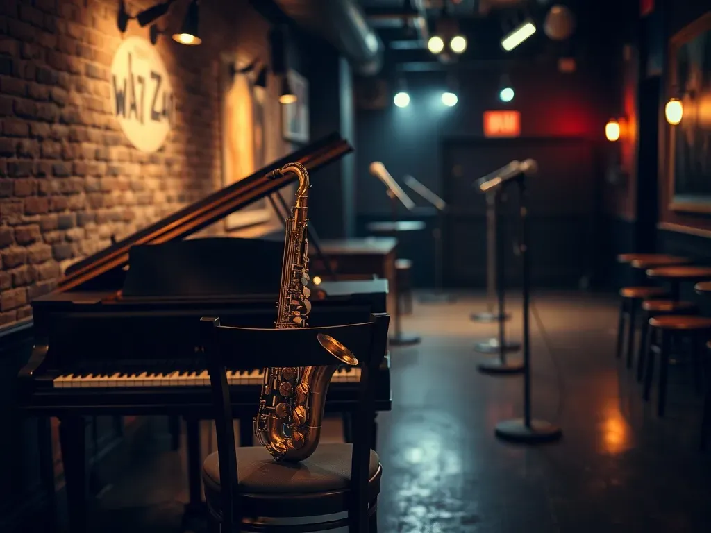 Nastrojowa scena w pustym klubie jazzowym, z oświetlonym pianinem i saksofonem, przywołująca klimat muzyki Komedy.