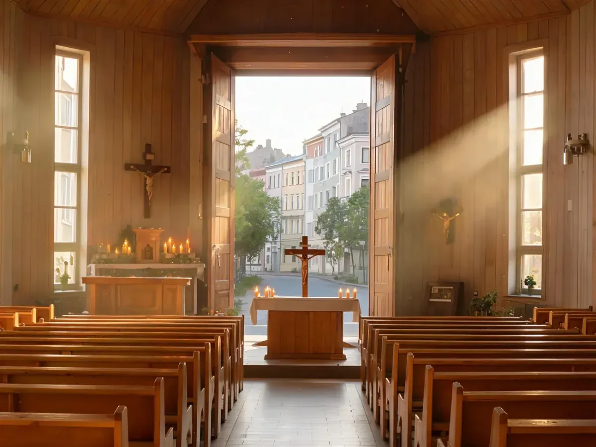 Jasne wnętrze kościoła św. Jana Bosko w Poznaniu, proste ławki i ołtarz z krzyżem, spokojna, modlitewna atmosfera.