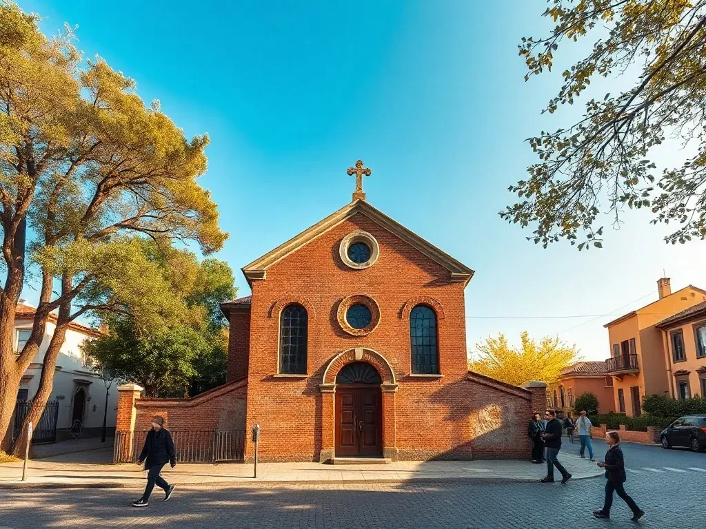 Zabytkowa synagoga w Ostrowie Wielkopolskim w słoneczny dzień, ludzie spacerują po brukowanej ulicy przed budynkiem.