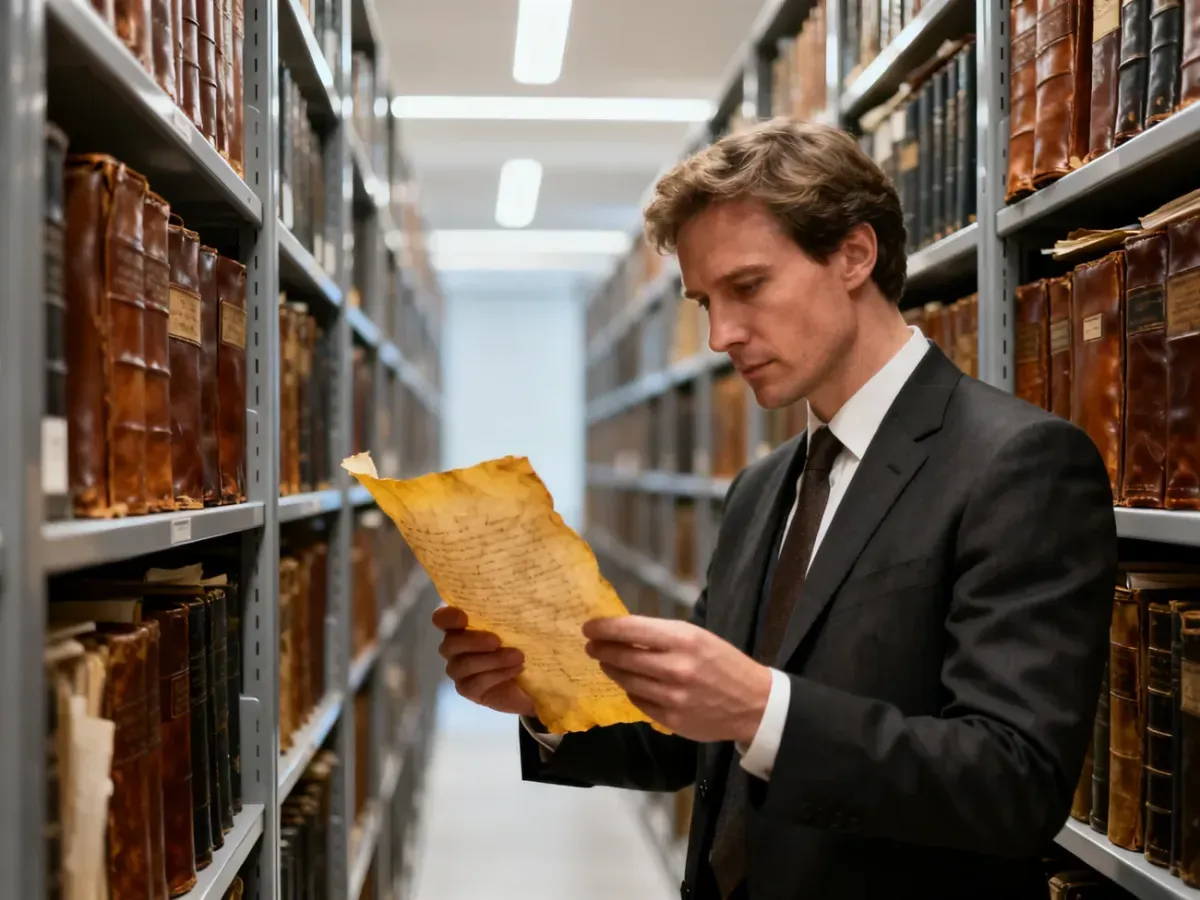 Pracownik archiwum w garniturze przegląda zabytkowy dokument w nowoczesnej czytelni z regałami pełnymi historycznych akt.